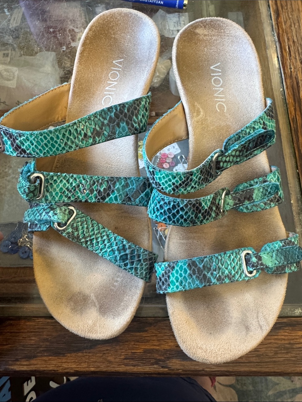 Vionic Teal Snake-Print Triple-Strap Slide Sandals